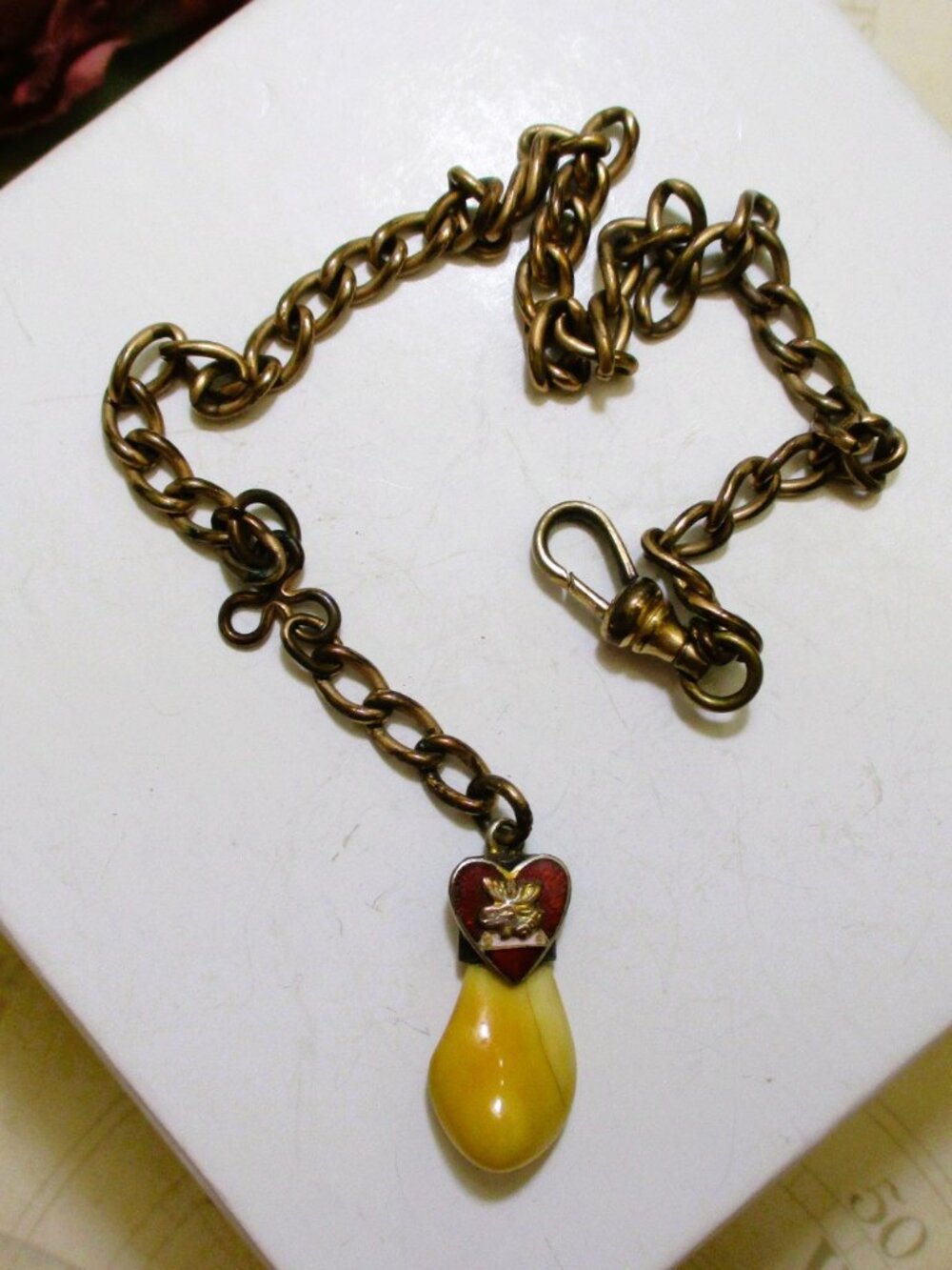 Vintage LOOM Tooth Watch Fob Chain, Guilloche Enamel Heart, Gold Filled